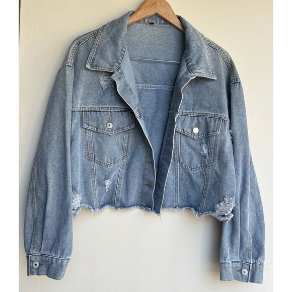 Frenchy Cropped Raw Hem Distressed Light Blue Denim Jacket Jean Plus 3XL Shein - Picture 5 of 16